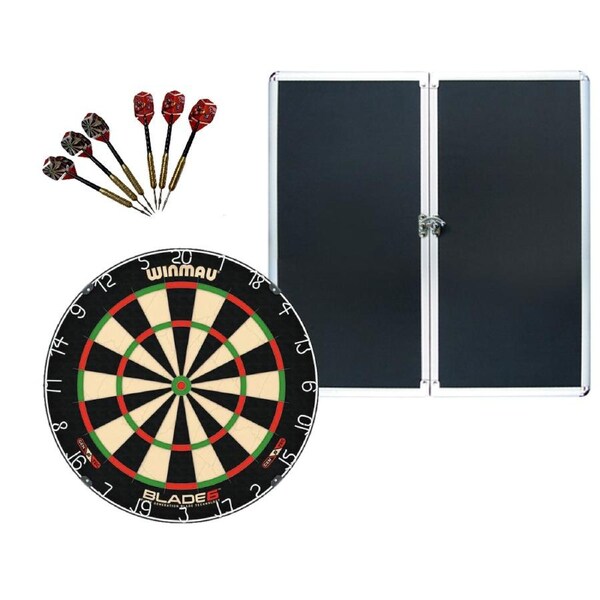 Winmau Blade 6 Dart Board + Aluminium Dartboard Cabinet + Darts Set