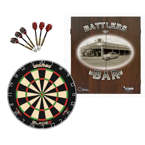 Winmau Blade 6 Dart Board + Battlers Bar Pub Car Dartboard Cabinet + Darts Set