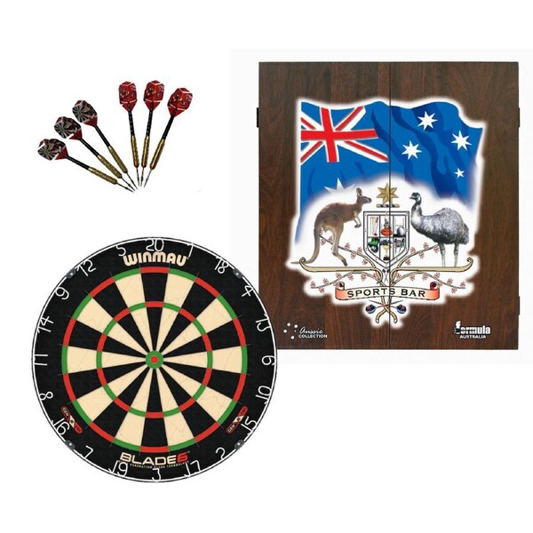 Winmau Blade 6 Dart Board + Sports Bar Coat of Arms Dartboard Cabinet + Darts Set