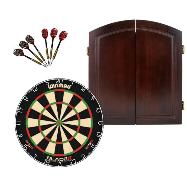 Winmau Blade 6 Dart Board + Cherry Solid Wood Dartboard Cabinet + Darts Set