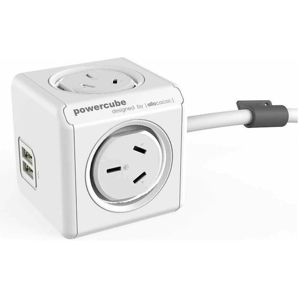 Allocacoc PowerCube 4 Socket 2 USB Power Board/Mount w/1.5m Extension Cord White