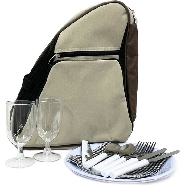 2 Person Picnic Shoulder Carry Bag Stainless Steel Utensils/Cutlery/Glasses Set