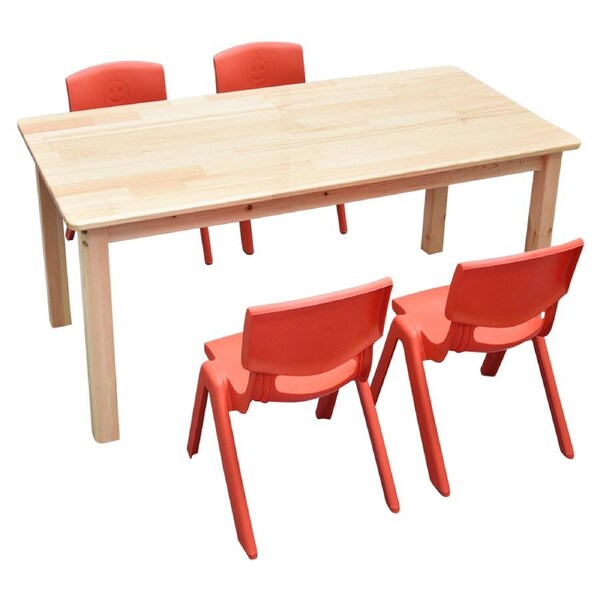 120x60cm Wooden Timber Pinewood Kids Study Table & 4 Red Plastic Chairs Set
