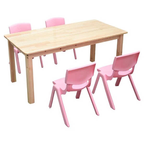 120x60cm Wooden Timber Pinewood Kids Study Table & 4 Pink Plastic Chairs Set