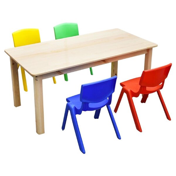 120x60cm Wooden Timber Pinewood Kids Study Table & 4 Mixed Plastic Chairs Set