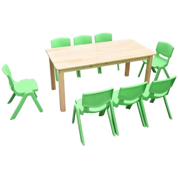 120x60cm Wooden Timber Pinewood Kids Study Table & 8 Green Plastic Chairs Set