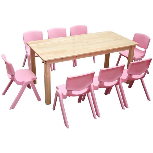 120x60cm Wooden Timber Pinewood Kids Study Table & 8 Pink Plastic Chairs Set