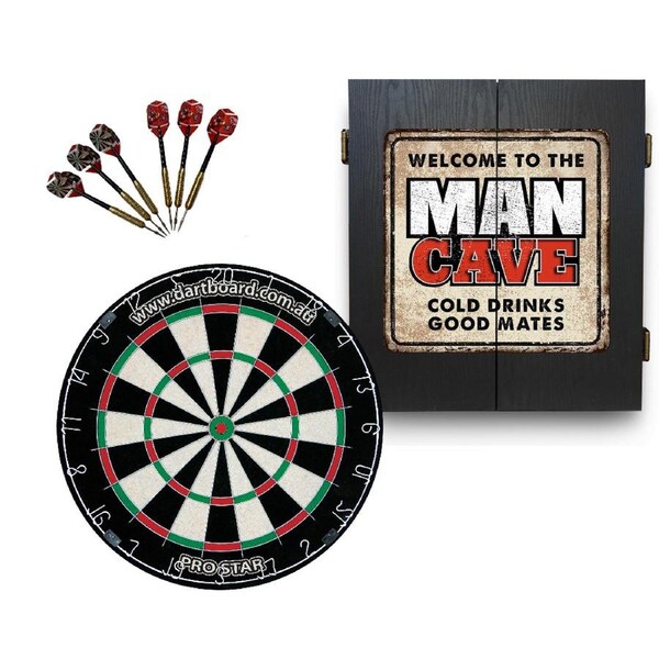 Pro Star Dart Board + Welcome to the Man Cave Dartboard Cabinet + Darts