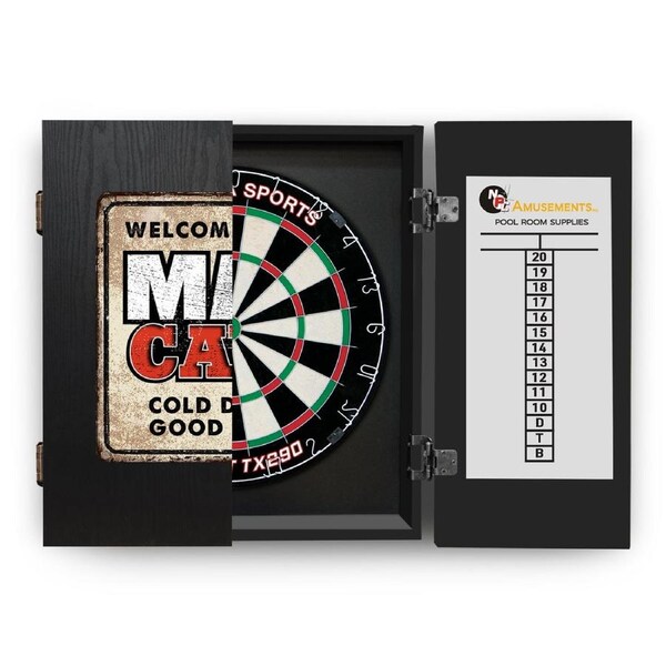 TX290 Dart Board + Welcome to the Man Cave Dartboard Cabinet + Darts