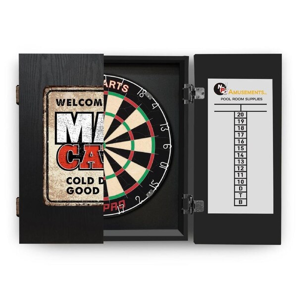 Tex Pro Dart Board + Welcome to the Man Cave Dartboard Cabinet + Darts