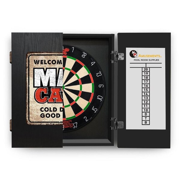Shot Darts Bandit Dart Board + Welcome to the Man Cave Dartboard Cabinet + Darts
