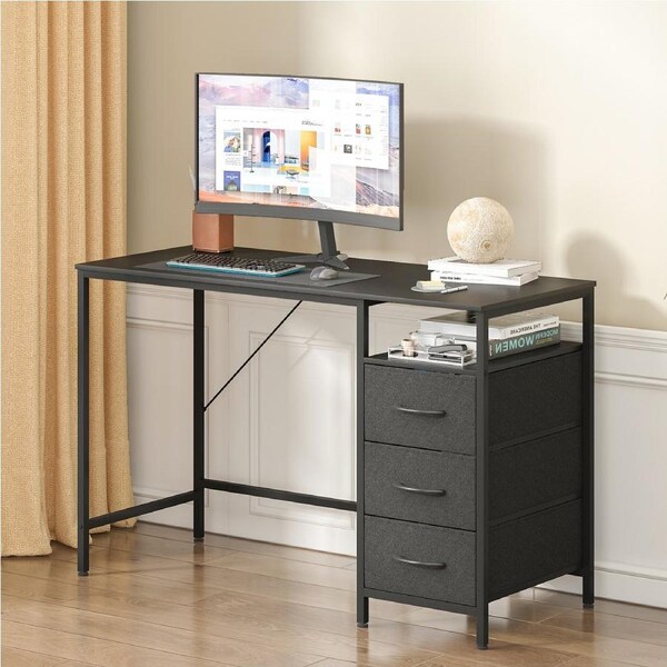 Advwin 120cm Computer Desk Reversible Home Office Desk Drawers Shelf Study Table Workstation Black