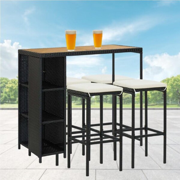 Modern Outdoor Bar Set Waterproof PE Rattan Table And Stools With Cushions 5 Pcs