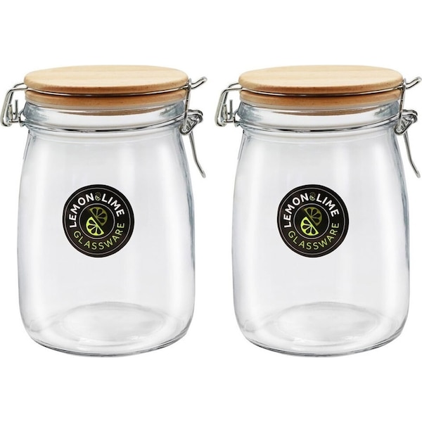 2x Lemon & Lime 1L/16.5cm Glass Clip Jar Storage Food Container w/ Wooden Lid