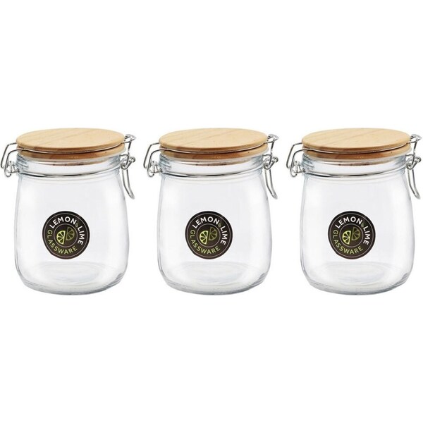 3x Lemon & Lime 730ml/14cm Glass Clip Jar Storage Food Container w/ Wooden Lid