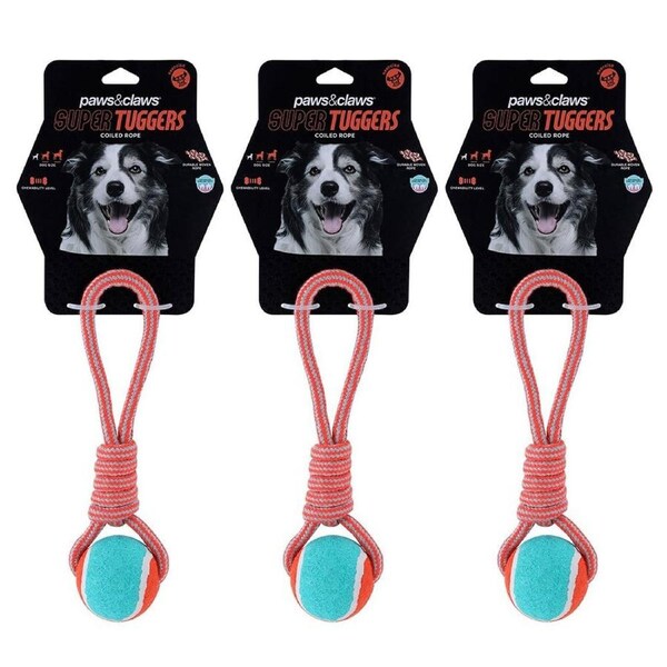 3x Paws & Claws 24cm Super Tuggers Coiled Rope Tennis Tugger Pet Dog Chew Toy