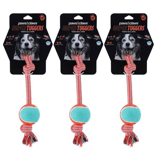 3x Paws & Claws 26cm Super Tuggers Tennis Ball Rope Pet Dog Chew Toy Play Game