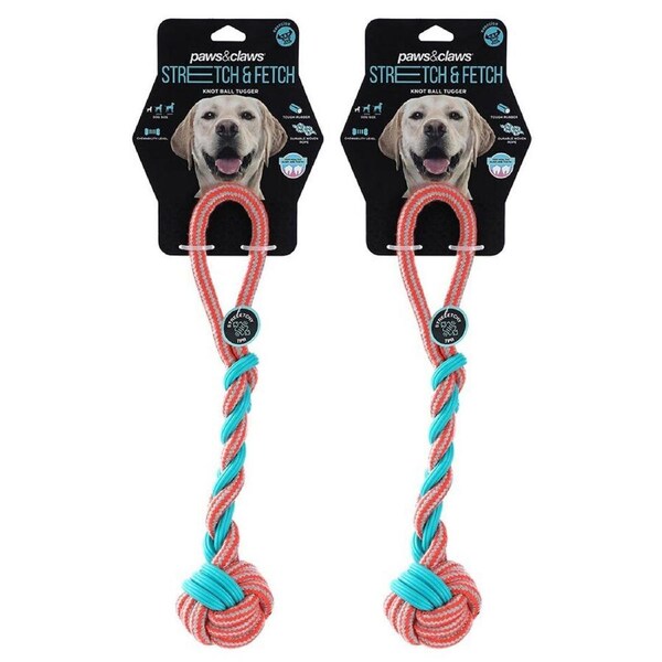 2x Paws & Claws Pet Dog 42cm Stretch/Fetch TPR/Braided Rope Knot Ball Tugger Toy