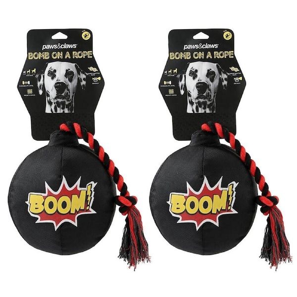 2x Paws & Claws Pet Dog 45cm Bomb-On-A-Rope Oxford w/ Squeaker Fun Play Toy BLK
