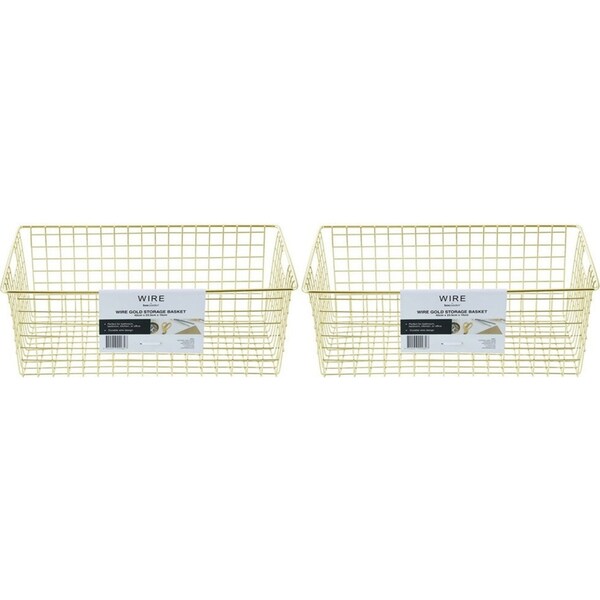 2x Boxsweden 40x15cm Wire Storage Basket Kitchen/Bath Organiser Container Gold