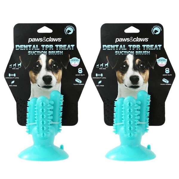 2x Paws & Claws 13cm Cactus Suction Brush Dental Treat Pet Dog Rubber Toy Teal