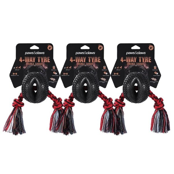 3x Paws & Claws Pet/Dog 4-Way TPR Tyre 40cm Double Tugger Rope Chew Toy Fun Play