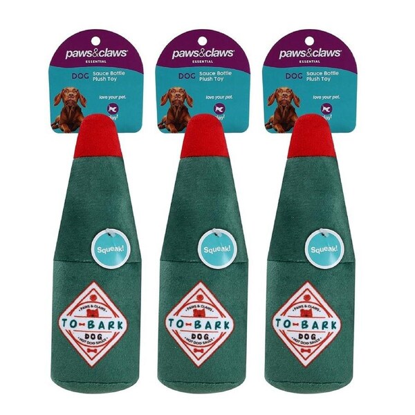 3x Paws & Claws Pet Dog 20x8cm Soft Plush Toy Hot Sauce Bottle w/ Squeaker Green