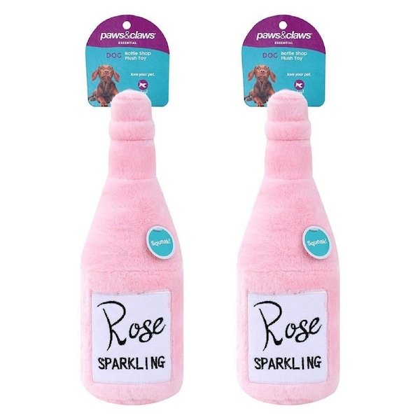 2x Paws & Claws Pet/Dog 31x10cm Rose Bottle Shop Soft Plush w/ Squeaker Toy Pink