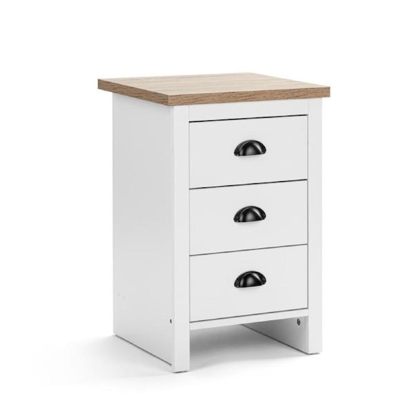 Hampton Bedside Table 3 Drawer Side Table Nightstand 3 Drawers White and Oak