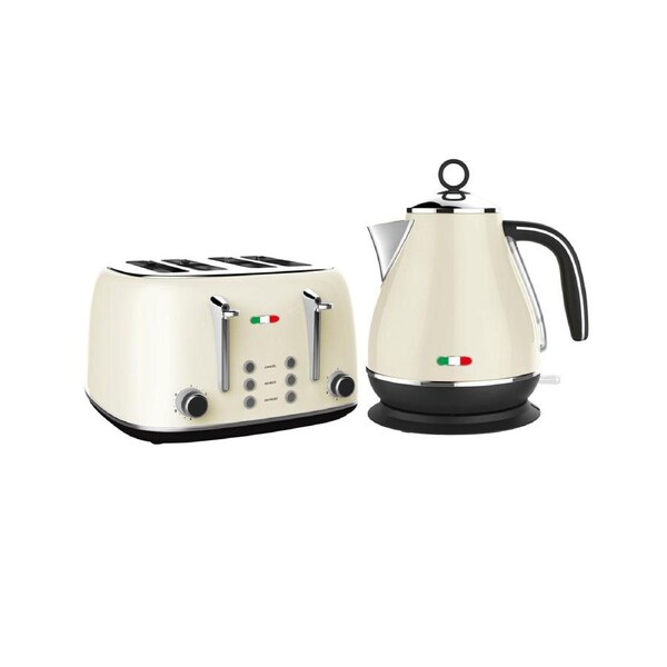Vintage Cream Electric Kettle & 4-Slice Toaster Set - Retro Stainless Steel Kitchen Combo, 1.7L Fast Boil Kettle + Adjustable Browning Toaster, Italian Design, Cordless, Reheat & Defrost Functions