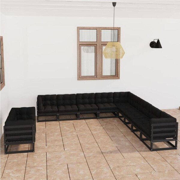 11 Piece Garden Lounge Set with Cushions Black Solid Pinewood vidaXL
