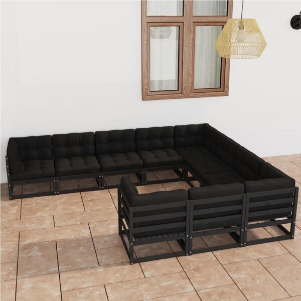 10 Piece Garden Lounge Set with Cushions Black Solid Pinewood vidaXL