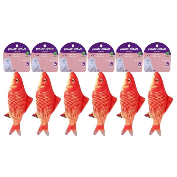 6PK Paws & Claws Pet Cat 20cm Real Fish Printed Catnip Interactive Play Toy OR