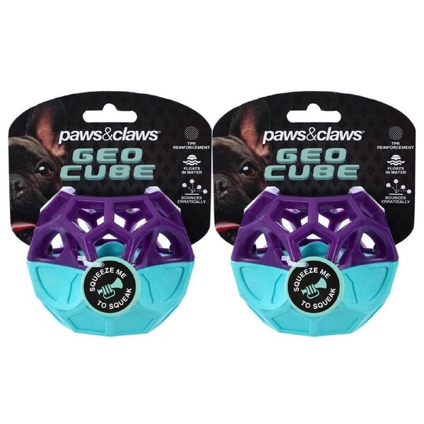 2x Paws & Claws Dog 8.5cm Geo Floating TPR Cube Ball w/ Squeaker Interactive Toy