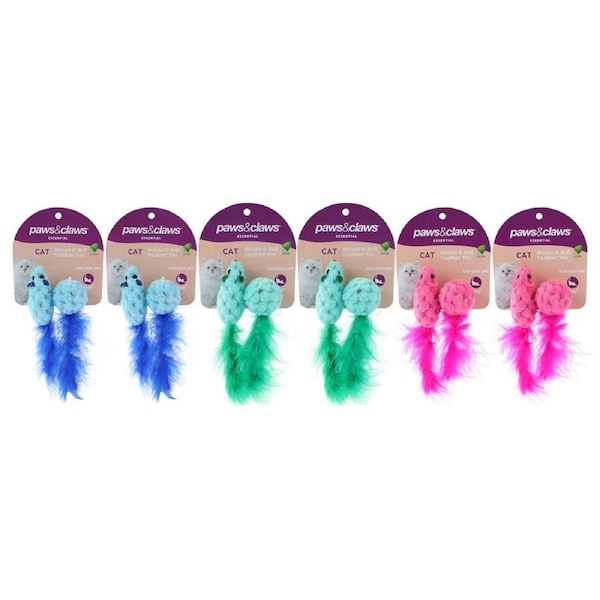 12PK Paws & Claws Pet Cat 15cm Mouse/Ball Feather w/ Catnip Interactive Toy Asst