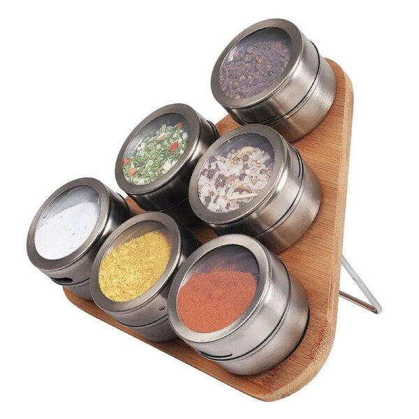 7pc Magnetic Triangular Bamboo Spice Rack & Jars Storage w/ Organiser Holder