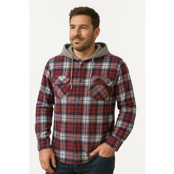 Mens Cotton Flannelette Shirt w Jersey Hood Long Sleeve Flannel Navy / M