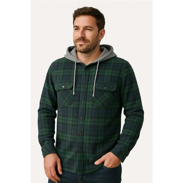 Mens Cotton Flannelette Shirt w Jersey Hood Long Sleeve Flannel Royal Blue / S