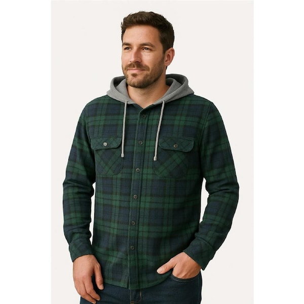 Mens Cotton Flannelette Shirt w Jersey Hood Long Sleeve Flannel Royal Blue / M