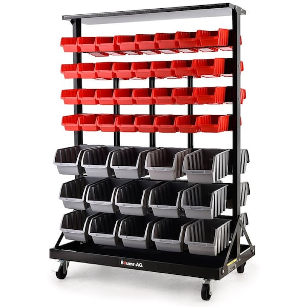 BAUMR-AG 94 Parts Storage Bin Rack Garage Tool Organizer Double Sided Shelving with Wheels- Red