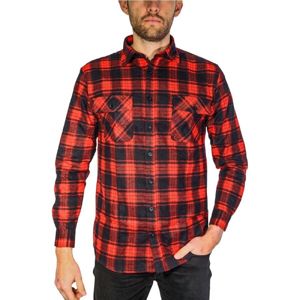 Mens Flannelette Long Sleeve Shirt 100% Cotton Check Authentic Flannel - Full Placket Red / 3XL