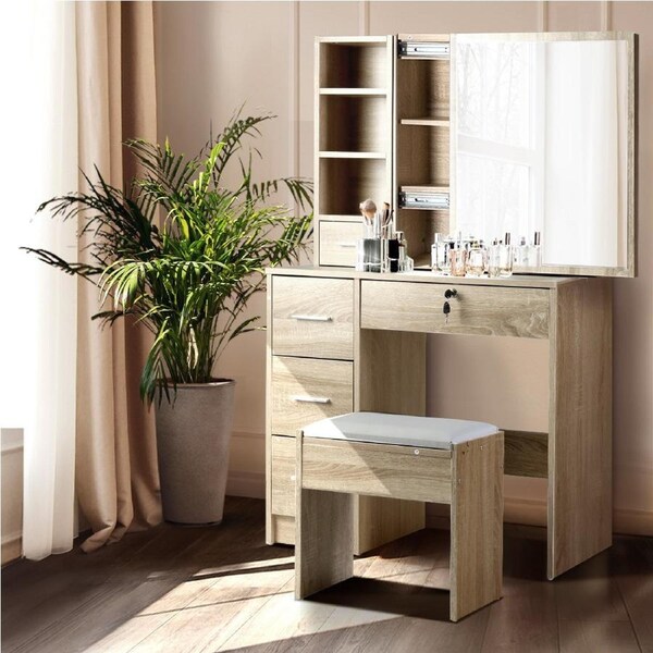 5 Drawers Artiss Dressing Table Stool Set Sliding Mirror Oak Diane