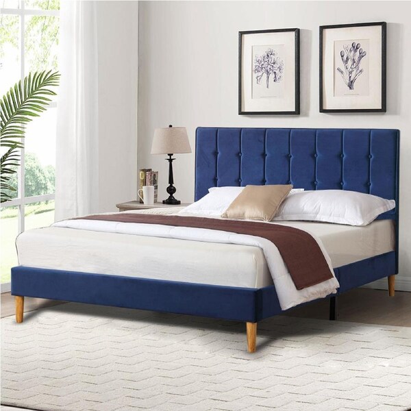 Levede Queen Bed Frame with Velvet Headboard Blue