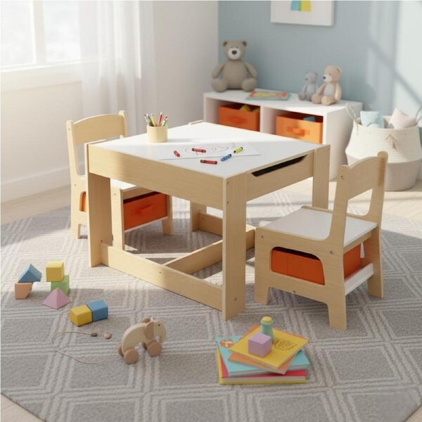 1 Bopeep Kids Table and 2 Chairs Wooden Set with Storage Box - Natural