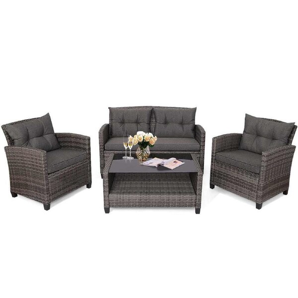 Costway 4pc Outdoor Furniture Outdoor Lounge Setting Rattan Sofa Set Cushion Patio Garden Bistro Backyard