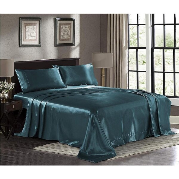 Quality Ultra Soft Silky Satin Sheet Set Teal King Single