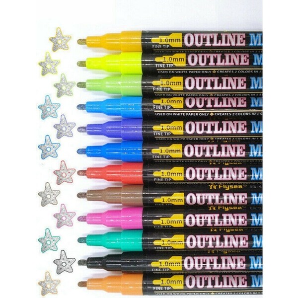 Ozoffer 12 Colours Writing Drawing Double Line Outline Pen Highlighter Markers