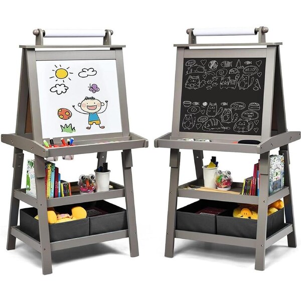 Costway 2-in-1 Art EaselPainting Easel Whiteboard Chalkboard Stand w/Drawing Paper & 2 Cups Storage Boxes Grey