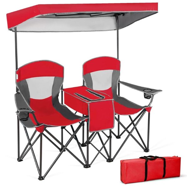 Costway Outdoor Camping Chairs Folding Beach Chairs Armchairs Sun Shade w/Carry Bag & Canopy Red