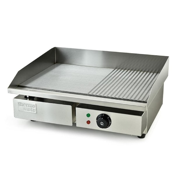 THERMOMATE Commercial Electric Griddle, 2400W 55x35cm Half Ribbed Surface